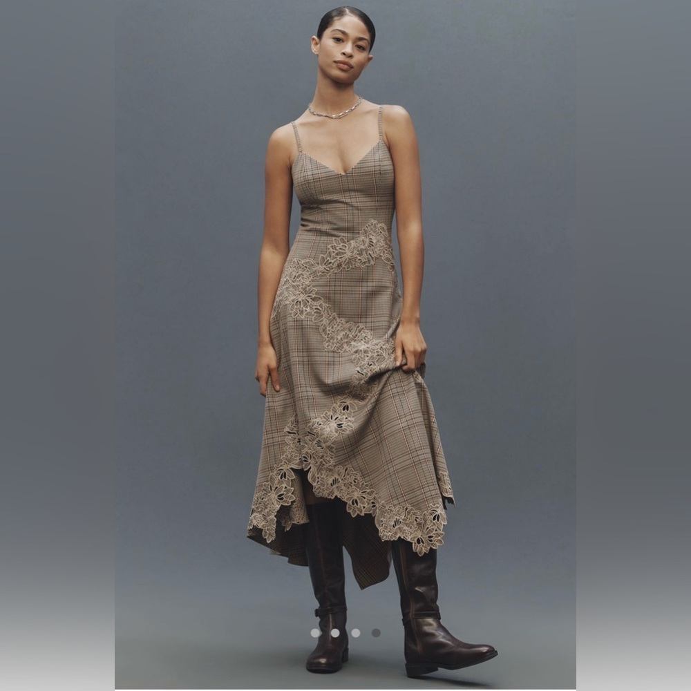 Mare Mare Ruffle Hem Slip Dress Brown Plaid Anthropologie BNWT small